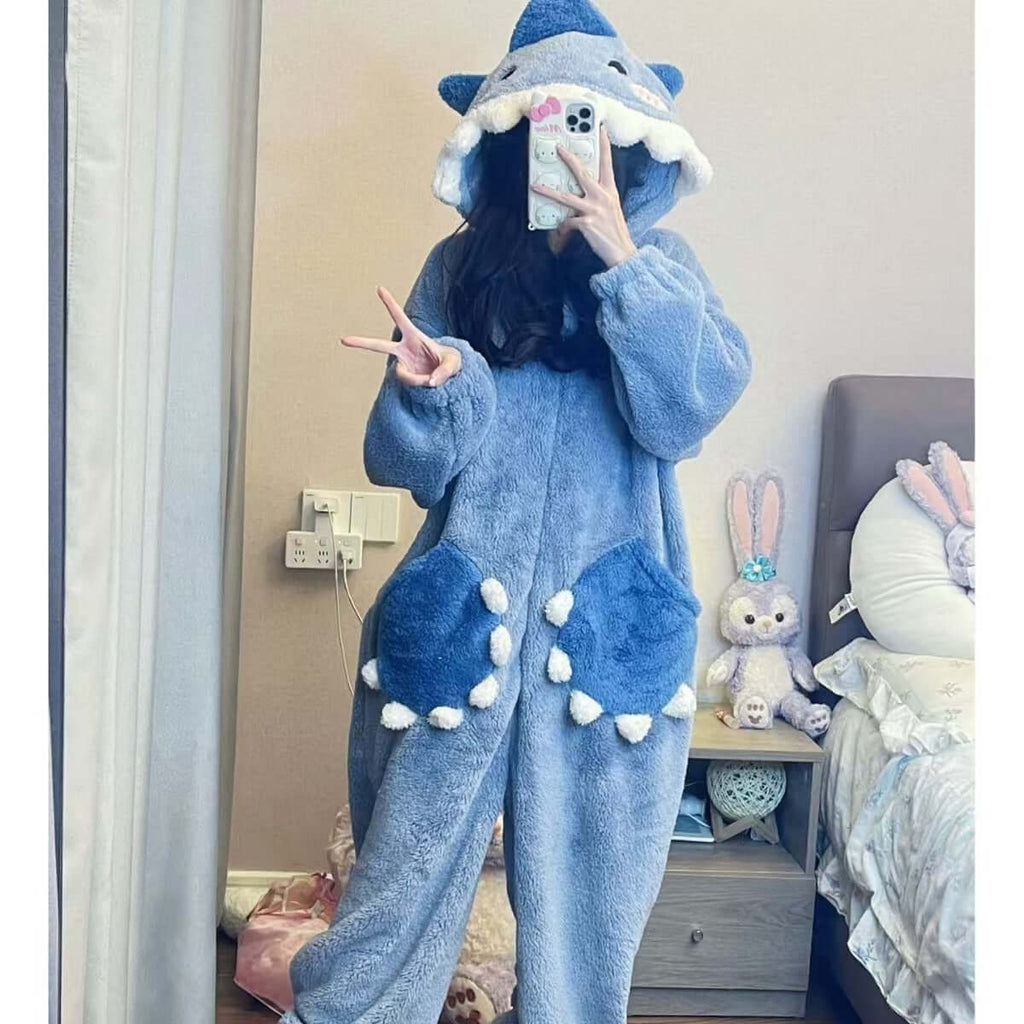 Sweet Cute Shark Hooded Coral Velvet Pajamas Fleece Lined Padded Warm Keeping