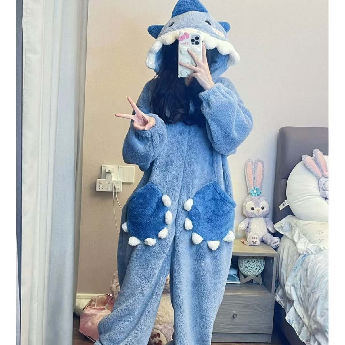 Sweet Cute Shark Hooded Coral Velvet Pajamas Fleece Lined Padded Warm Keeping