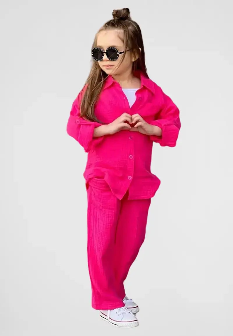 Button down shirt with pants and blouse for girls