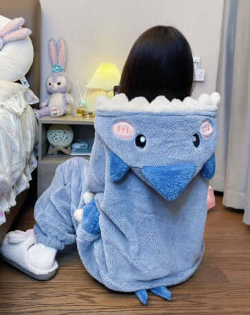 Sweet Cute Shark Hooded Coral Velvet Pajamas Fleece Lined Padded Warm Keeping