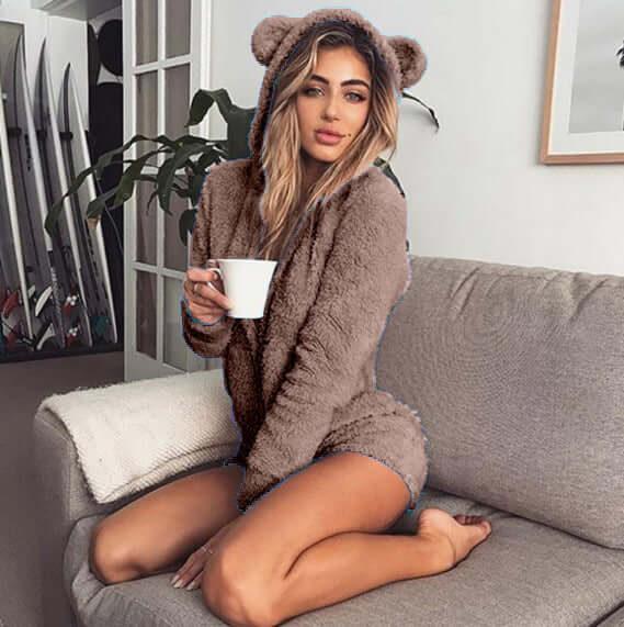Plush Solid Color Long Sleeve Hooded Cute Women's Clothing Jumpsuit
