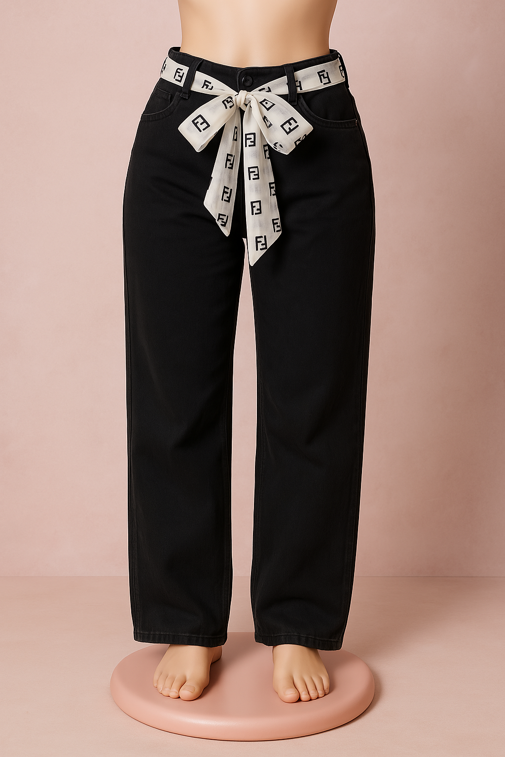 Women's black jeans with chiffon belt