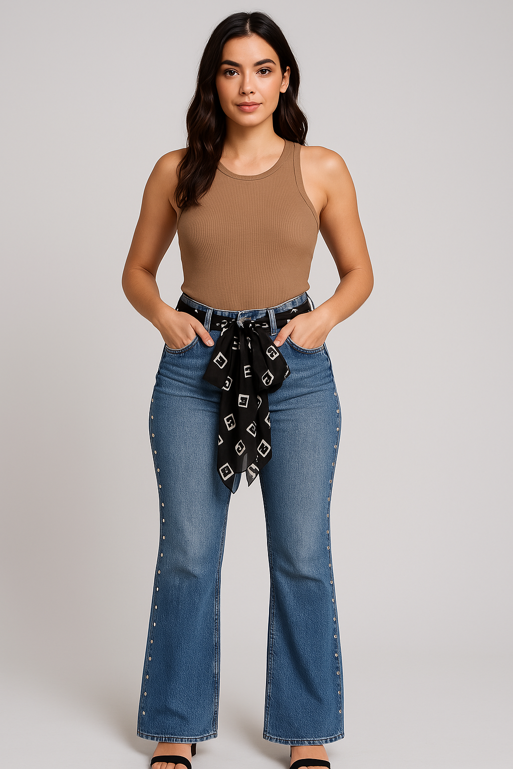 Classic blue jeans with a black chiffon belt