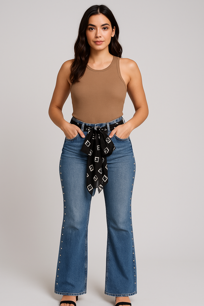Classic blue jeans with a black chiffon belt