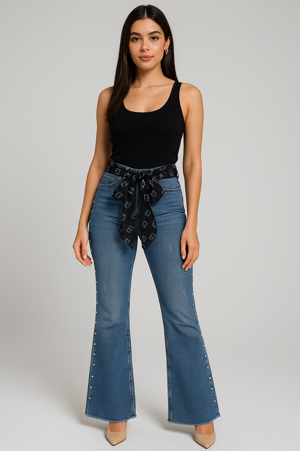 Classic blue jeans with a black chiffon belt