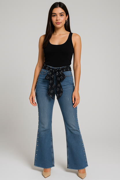 Classic blue jeans with a black chiffon belt