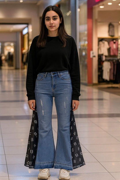 Jeans with black chiffon side line
