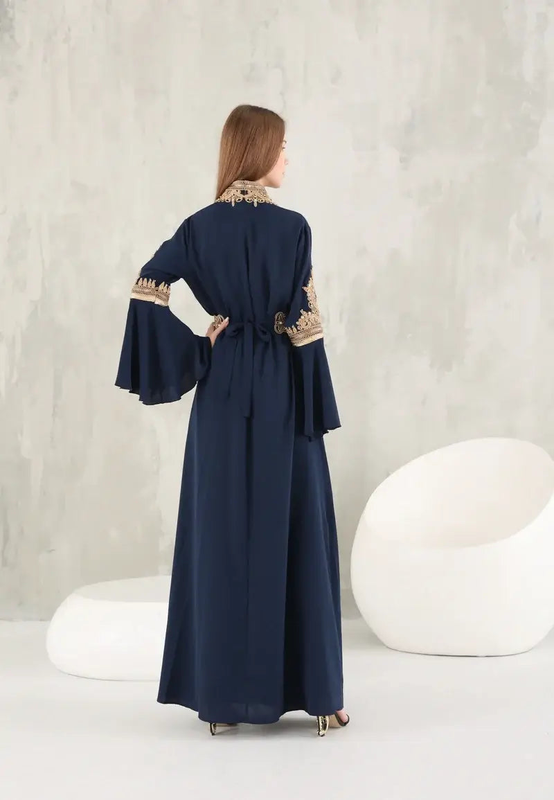 Navy blue Moroccan caftan with elegant gold details