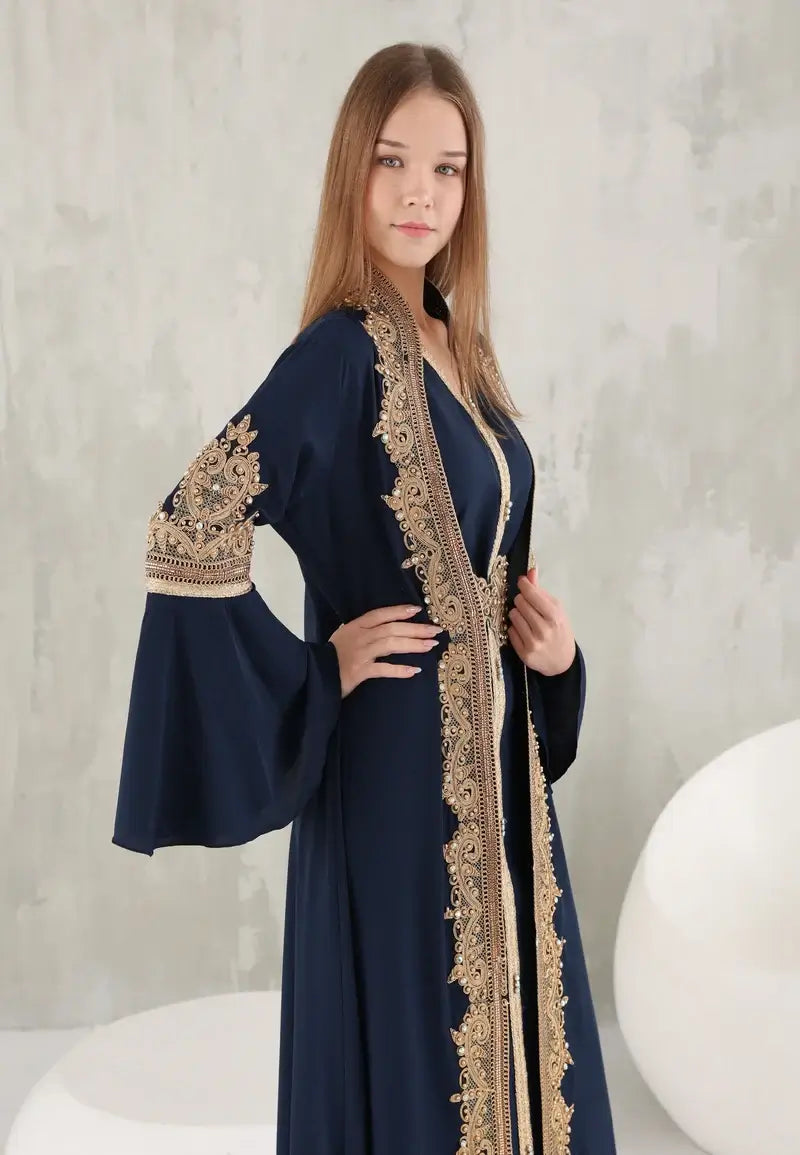 Navy blue Moroccan caftan with elegant gold details