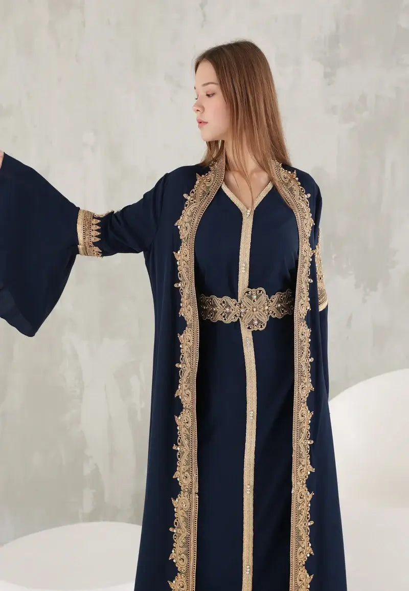 Navy blue Moroccan caftan with elegant gold details