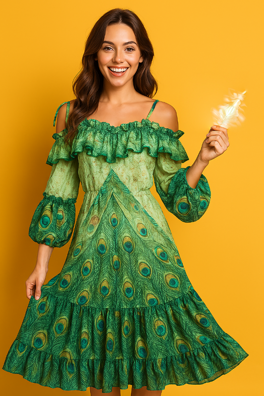 Peacock Feather Chiffon Dress