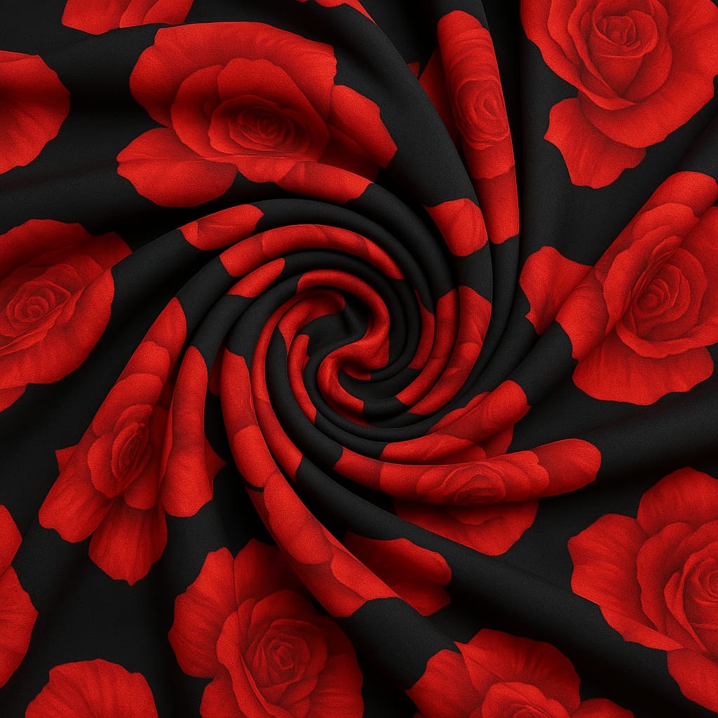 A long black dress embellished with large vibrant red roses, featuring a V-neck and sleeveless design.