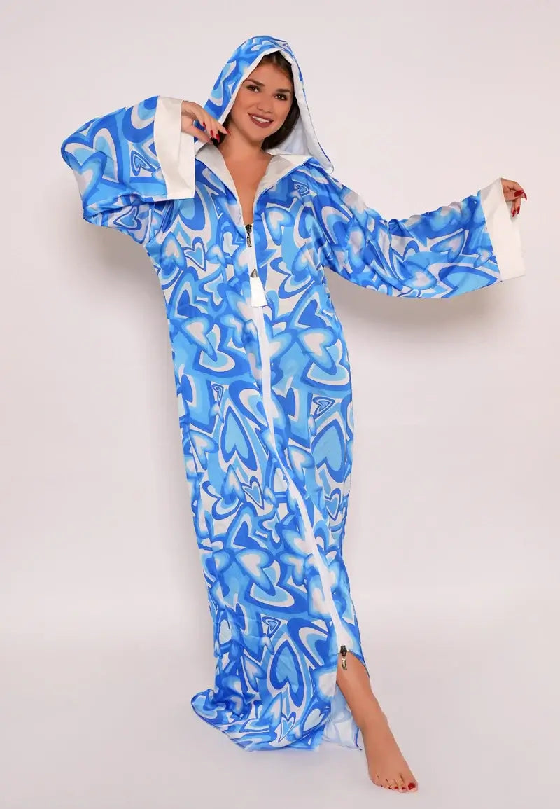 Women's Long Blue Kimono with Zipper and Hood