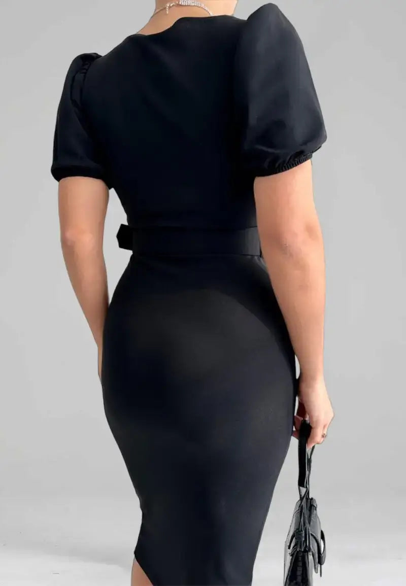 Women's bare neck short balloon sleeve midi dress with belt