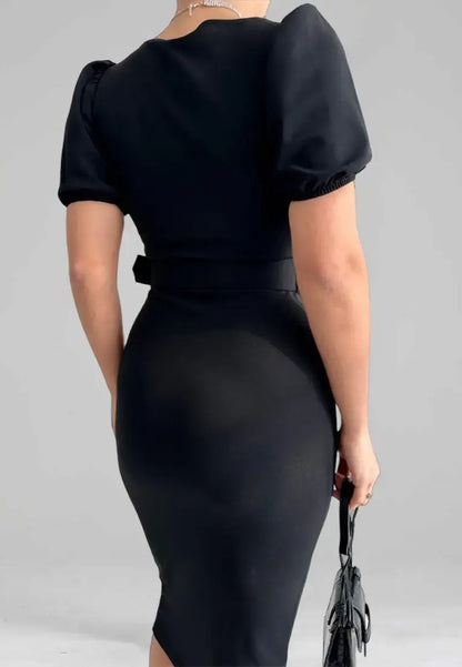 Women's bare neck short balloon sleeve midi dress with belt