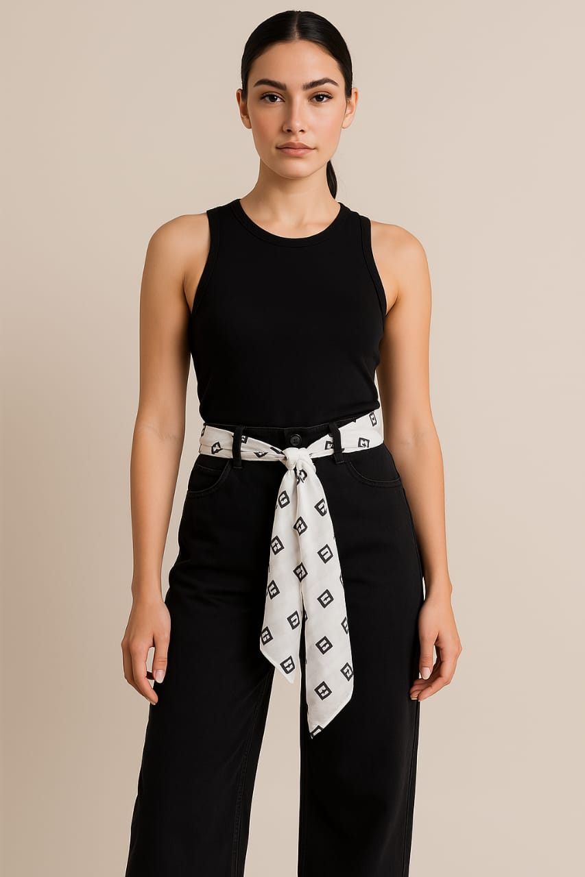 Women's black jeans with chiffon belt