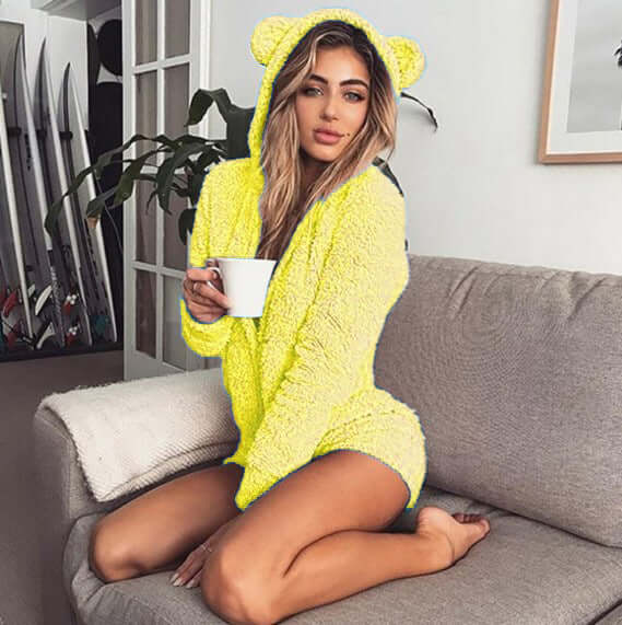 Plush Solid Color Long Sleeve Hooded Cute Women's Clothing Jumpsuit