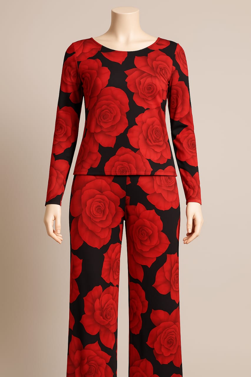 Women's Long Sleeve Crew Neck Red Rose Print Pajamas