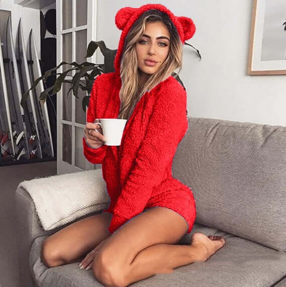 Plush Solid Color Long Sleeve Hooded Cute Women's Clothing Jumpsuit