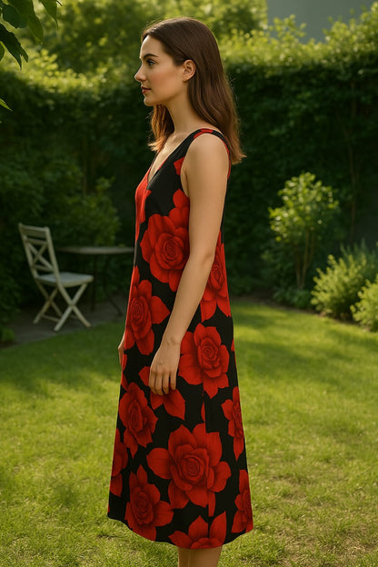 A long black dress embellished with large vibrant red roses, featuring a V-neck and sleeveless design.