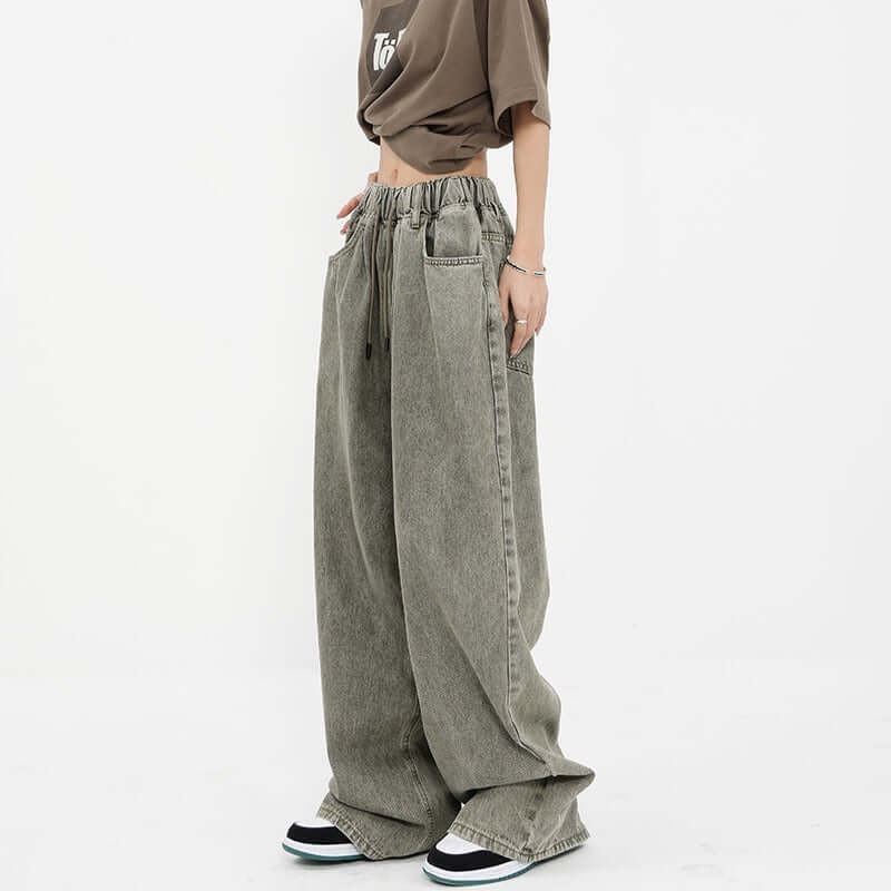 Retro Worn Looking Washed-out Drawstring Jeans For Women