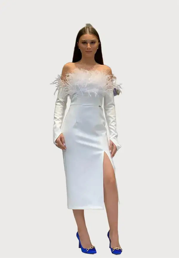 Midi dress with separate sleeves and delicate feathers