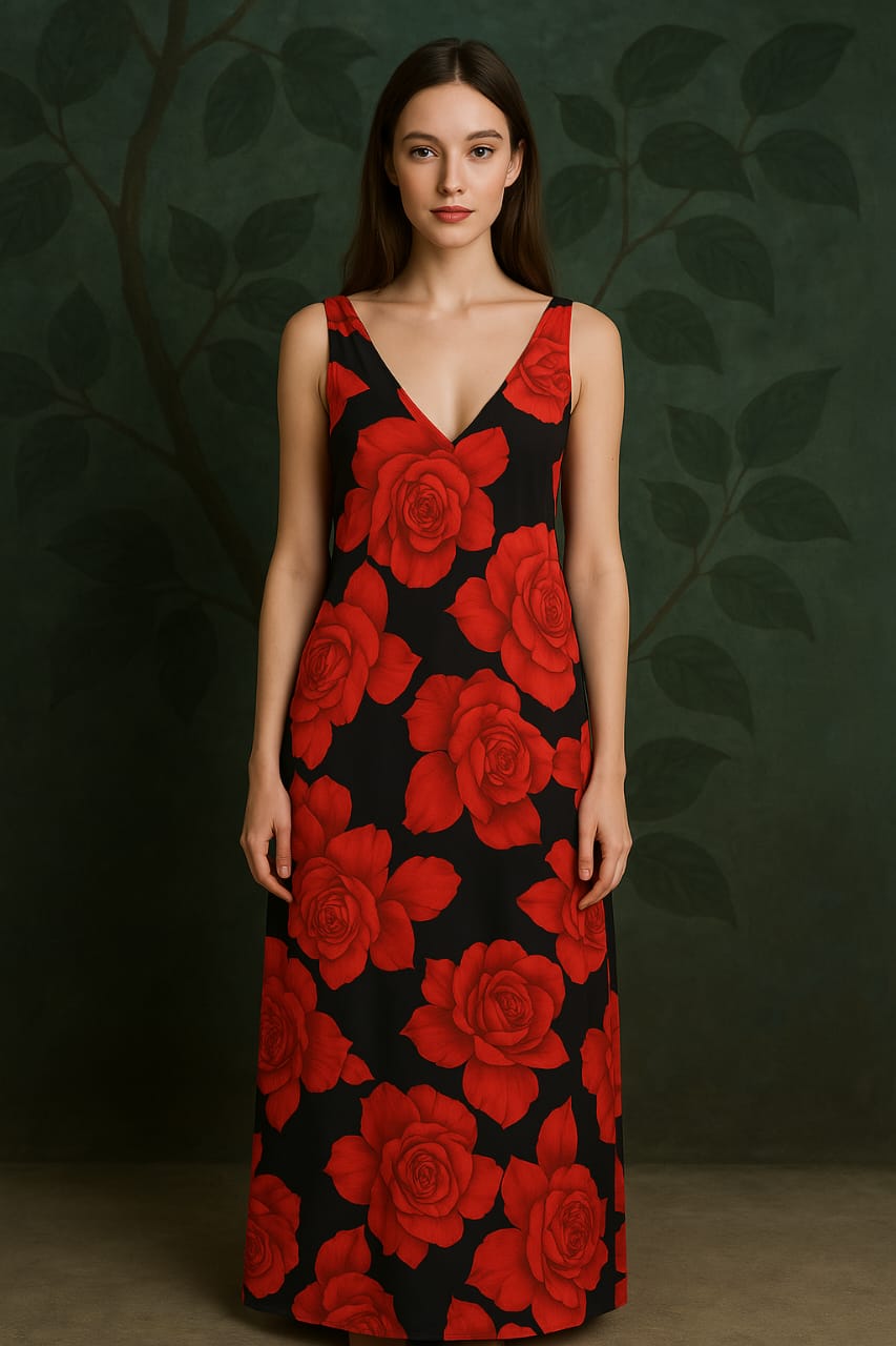 A long black dress embellished with large vibrant red roses, featuring a V-neck and sleeveless design.
