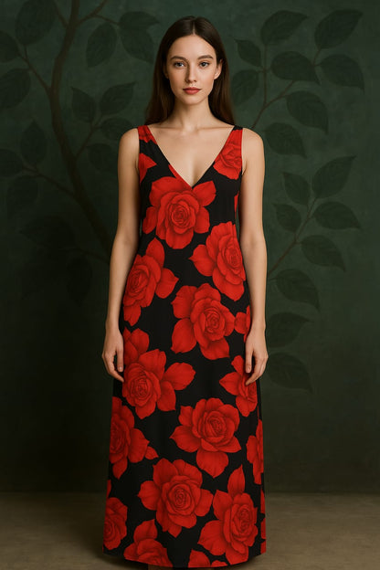 A long black dress embellished with large vibrant red roses, featuring a V-neck and sleeveless design.