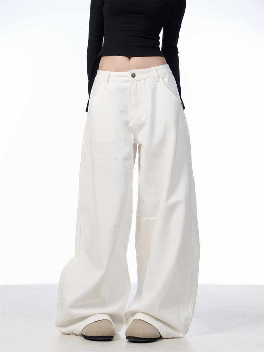 White Casual Loose Straight-leg Wide-leg Pants