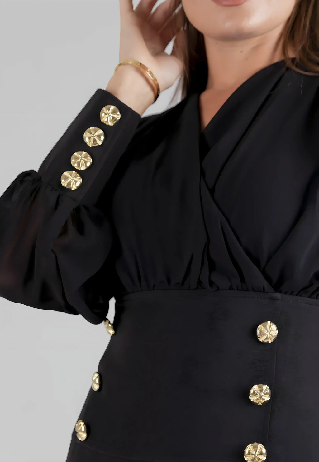 Short dress with gold buttons and long transparent sleeves