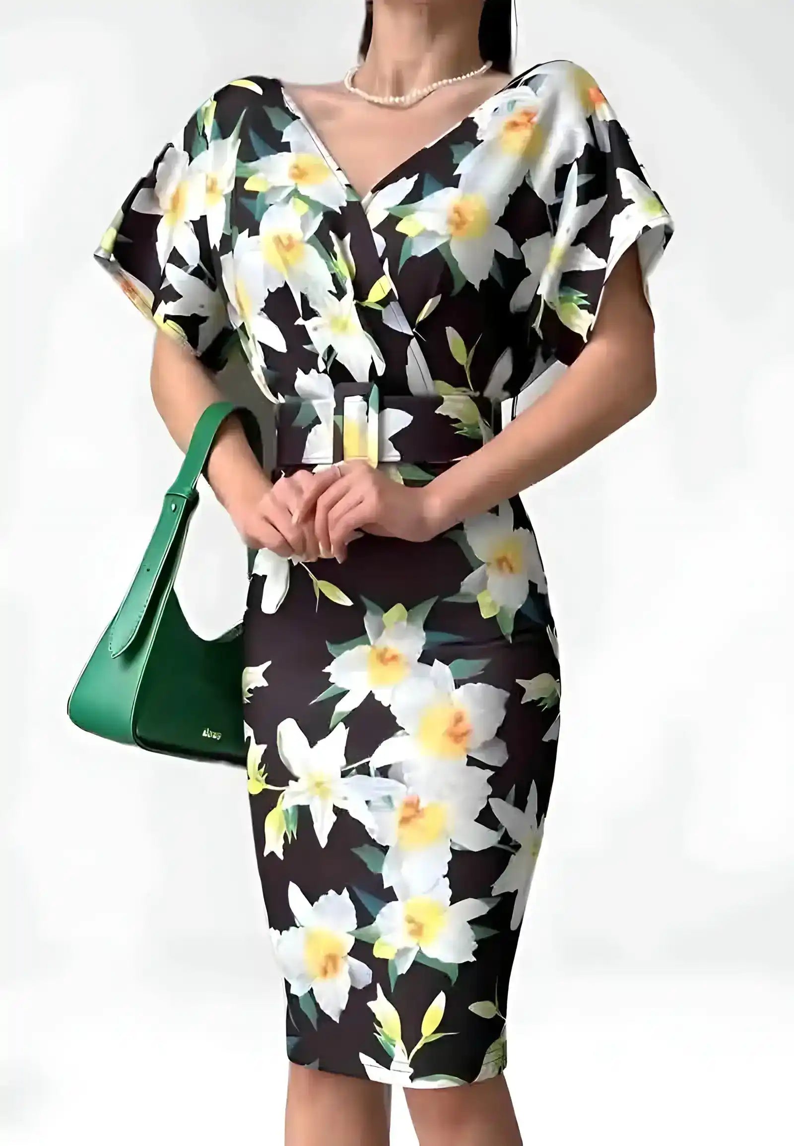 Summer women's dress decorated with roses with belt at the waist