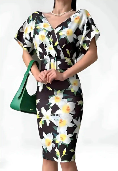 Summer women's dress decorated with roses with belt at the waist
