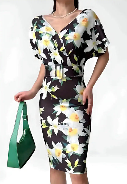 Summer women's dress decorated with roses with belt at the waist