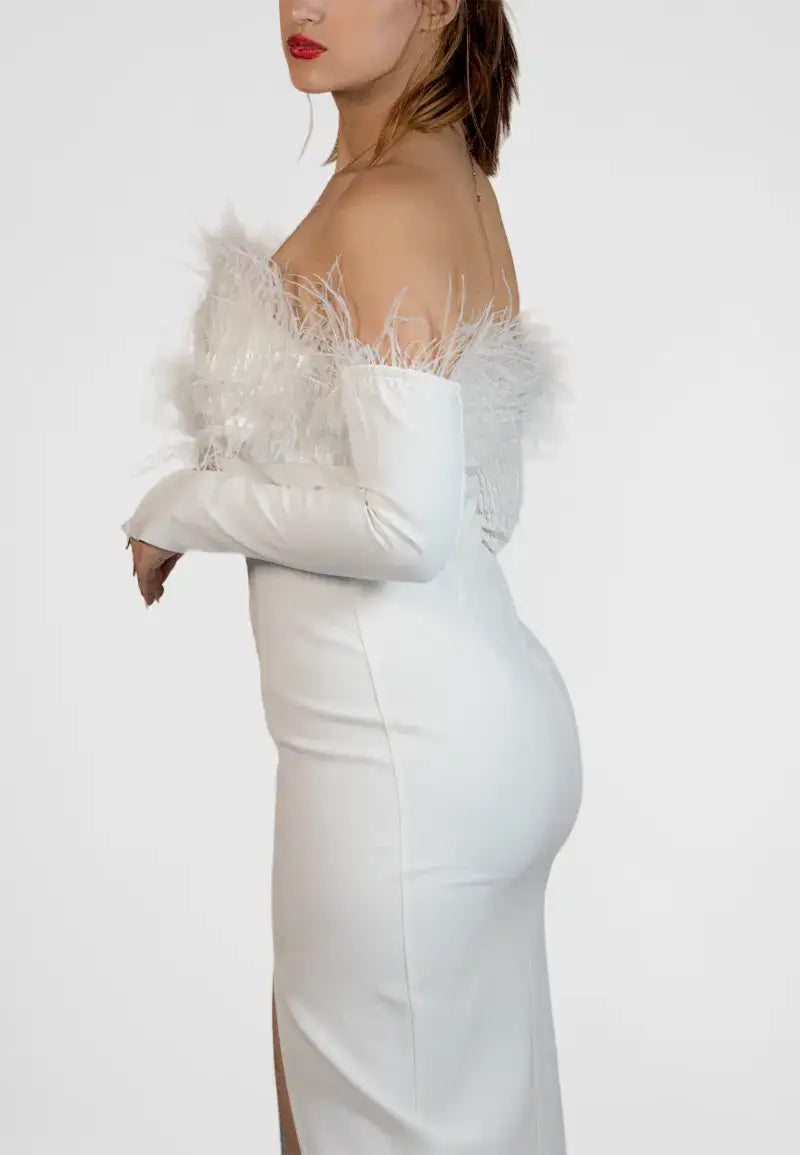 Midi dress with separate sleeves and delicate feathers