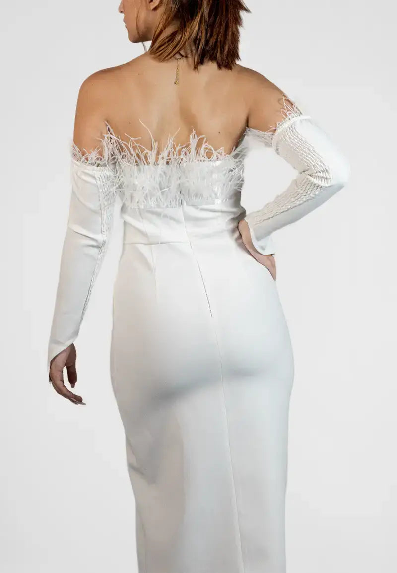 Midi dress with separate sleeves and delicate feathers
