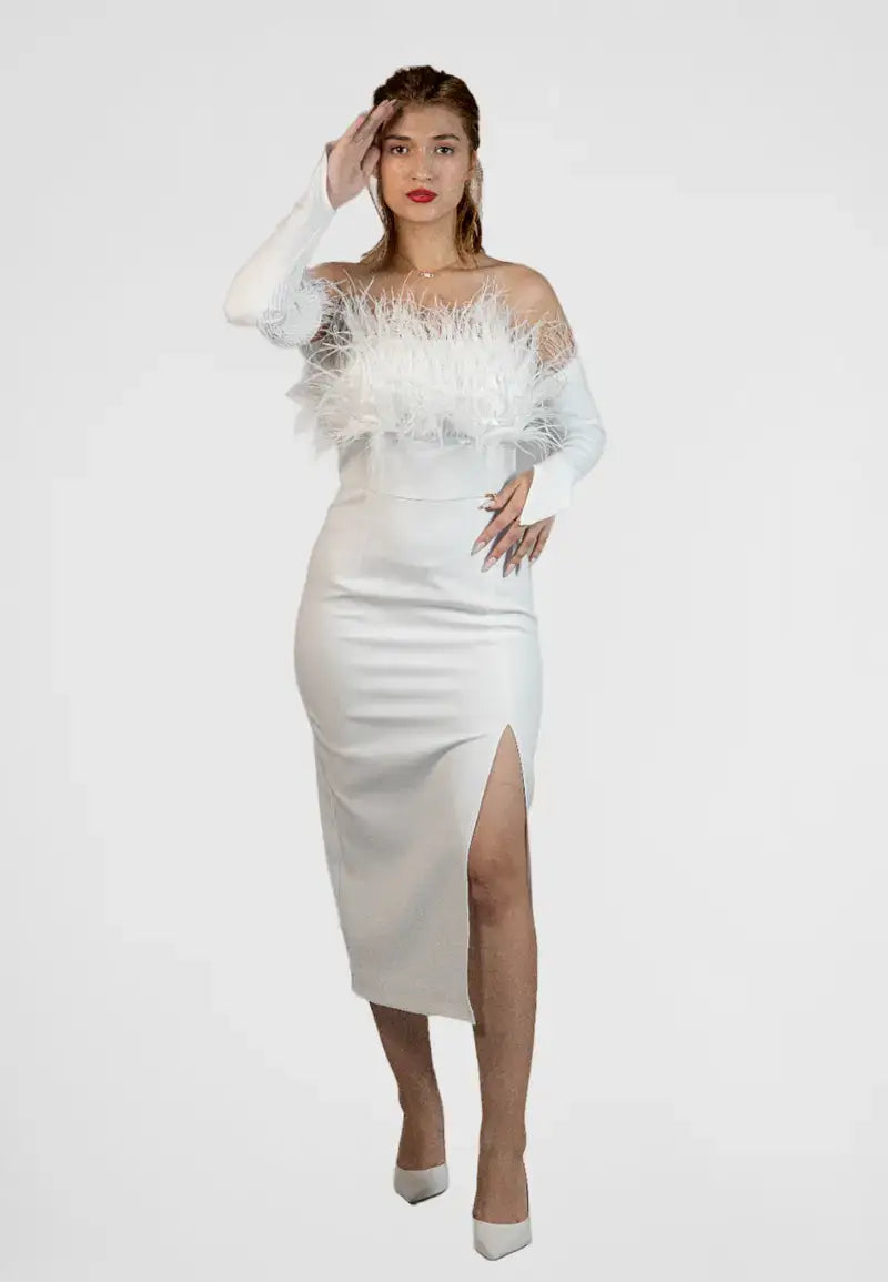 Midi dress with separate sleeves and delicate feathers